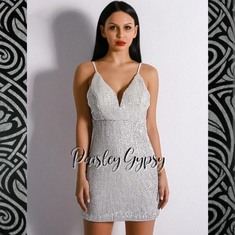 Stunning V Neck Spaghetti Strap Backless Shimmering Silver Mini Dress